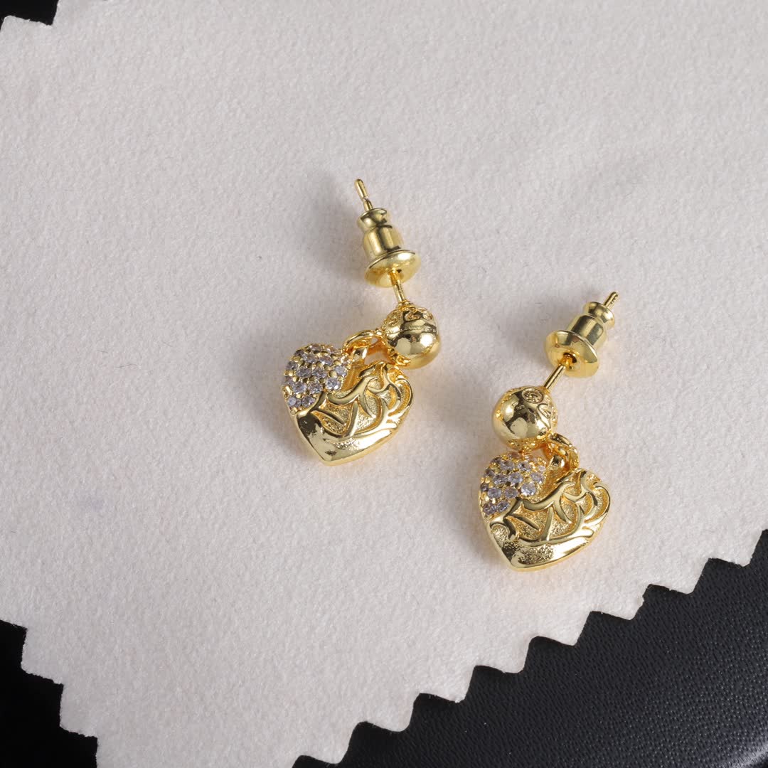 Chrome Hearts Gold Heart Stud Earrings with Diamond Accents